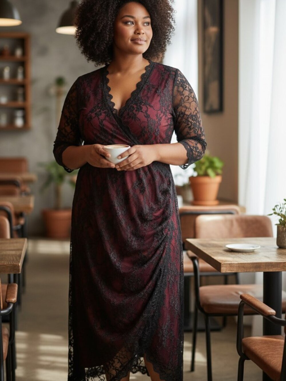 Kiyonna Lace Dress Faux Wrap Knee-Length Black Burgundy Women's 2X